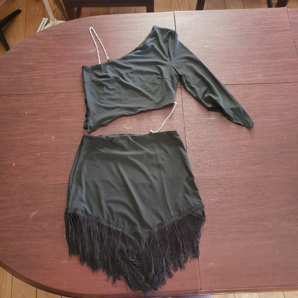 2 Piece Black Dance Practice Wear Dress Chains Fringe Small